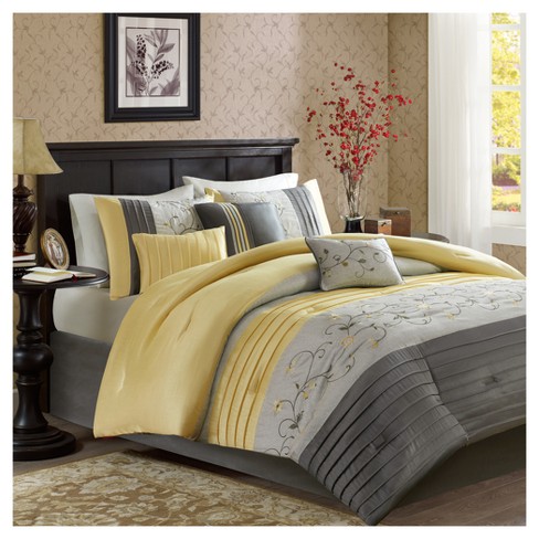 Brand New Yellow and Grey Embroidered Comforter Set King 7 Pc 