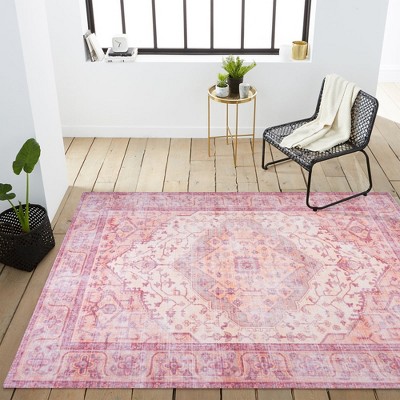 Alacati Red and Cream Medallion Washable Area Rug