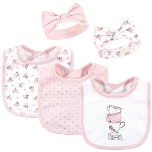 Hudson Baby Infant Girl Cotton Bib and Headband Set 5pk, Partea Time, One Size - 1 of 4