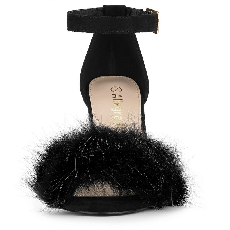 Allegra K Women's Faux Fur Buckle Closure Ankle Strap Block Heels Sandals, 3 of 8