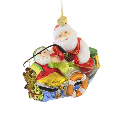 Huras Leisure Time Santa Glass Ornament Fishing Fish Boat Lake S81, Size: 4.50 H x 5.00 W x 2.00 D, Red