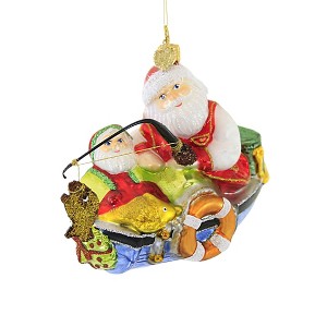 Huras 4.5 Inch Leisure Time Santa Ornament Fishing Fish Boat Lake Tree Ornaments - 1 of 3