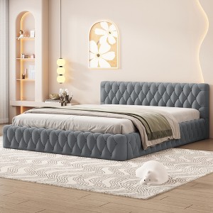 Queen Size Upholstered Wooden Platform Bed Frame, with Luxurious Velvet Grid Headboard 4Q -ModernLuxe - 1 of 4