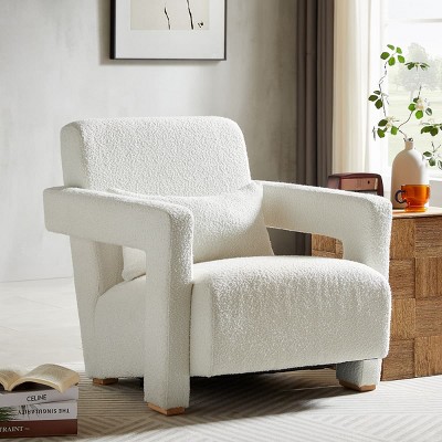 Modern Accent Chair with Right-Angle Armrests, Lumbar Pillow and Square Wood Legs, Boucle Chair for Living Room, Bedroom, or Study-Tanpinhause