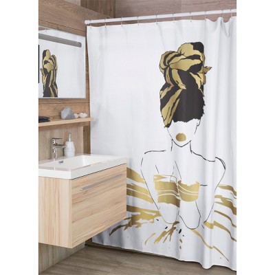 Oro White and Gold Fabric Blackout Shower Curtain