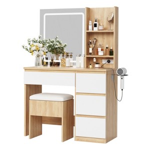 Vanity Desk with LED Mirror - Makeup Vanity Desk with 4 Drawers, Power Outlets, Storage Stool, Storage Shelves, and Hair Dryer Holder - 1 of 4