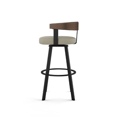 Greige Faux Leather Swivel Barstool with Black Metal and Brown Wood
