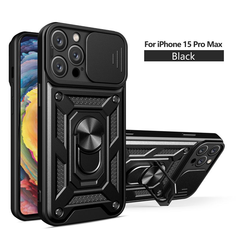 Reiko Kickstand Ring Holder with Slide Camera Cover TPU Magnetic Car Mount for APPLE IPHONE 15 PRO MAX In Black, 1 of 5