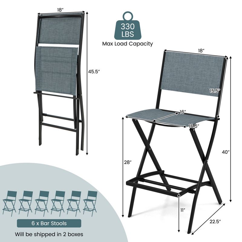 Costway Set of 6 Outdoor Bar Chair Folding Bar Height Stool with Metal Frame Blue, 3 of 8