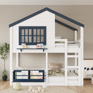 TIRAMISUBEST Twin/Full House Design Bunk Bed / Loft Bed with Floor Bed, Kids Bed Frame with Bookshelf, Ladder & Guardrail - 1 of 4