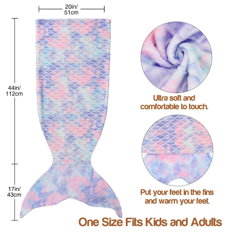 Catalonia Kids Mermaid Tail Blanket, Super Soft Plush Flannel Sleeping Blanket for Girls, Rainbow Ombre, Fish Scale Pattern, Gift Idea, 3 of 8