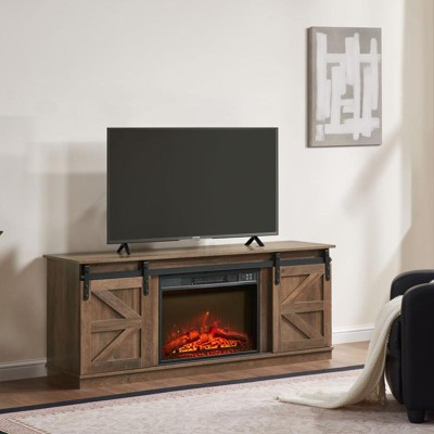 Aukfa Distressed Fireplace TV Stand for TVs up to 65-Inch, with Sliding Barn Doors, Cabinets & Storage Shelves
