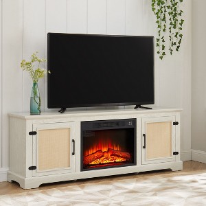 NicBex Rattan TV Stand for 70 Inch TV with 2 Cabinets,TV Entertanment Center with 23 Inch Fireplace Insert,TV Console Table for Living Room,White - 1 of 4