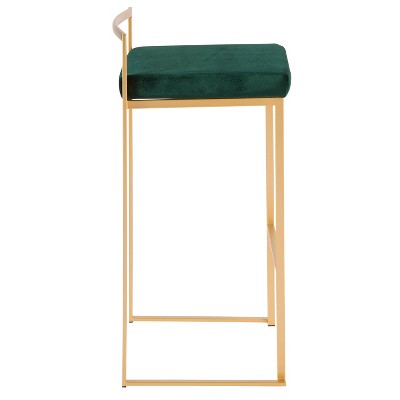 Fuji Gold Metal Barstool with Green Velvet Cushion, Set of 2