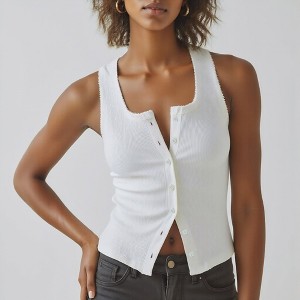 Knit & Lounge Women’s Ribbed Button-Down Tank Top Scoop Neck Fitted Silhouette Everyday Essential Layering Sleeveless Tee - 1 of 4