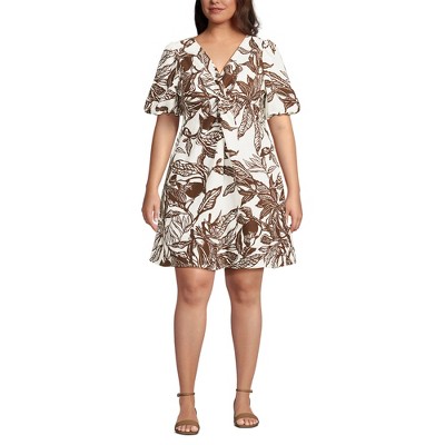 Lands' End Women's Linen Above the Knee Puff Sleeve Dress
