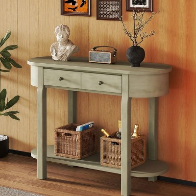 KTMBDW Console Table with 2 Drawers, Retro Entryway Table with Open Storage Shelf, Narrow Behind Couch Sofa Table for Living Room, Hallway