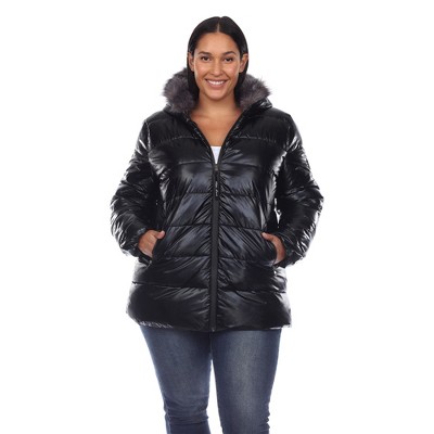 Plus Size Metallic Puffer Coat with Hoodie - White Mark