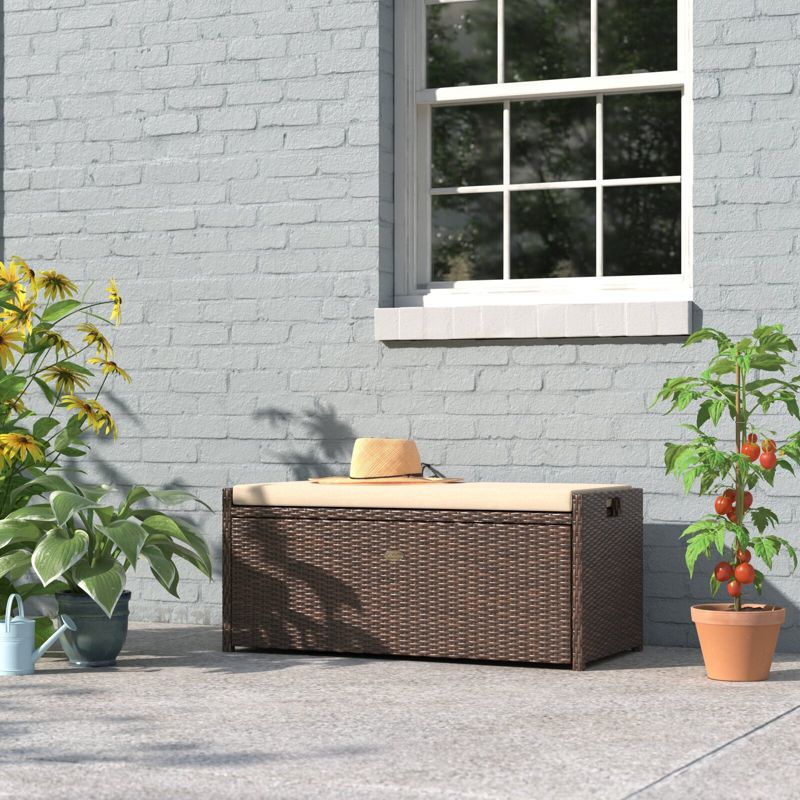 Barton Outdoor Patio Deck Box 60 Gallon Storage Bench Shed w/ Seat Cushion Brown, 1 of 7
