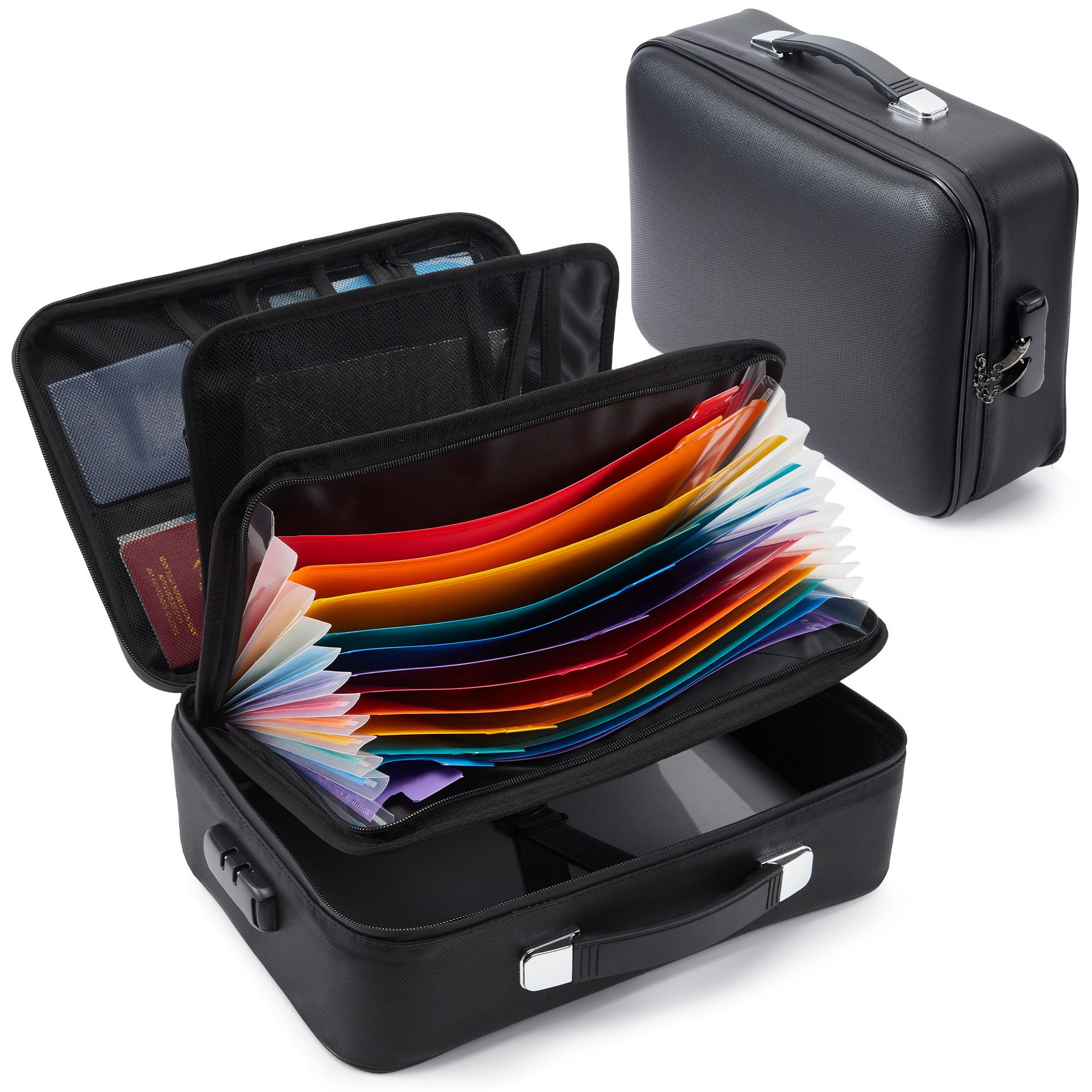 Fireproof Document Box with Lock and Accordion Folder, Waterproof Hard Case File Organizer for Passports Certificates Storage.