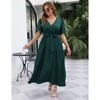 Women Plus Size Maxi Dress V Neck Summer Dress Short Sleeve Long Dress High Waist Ruffle Casual Dress with Belt, Green, 2XL - 3 of 4