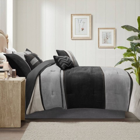 Madison Park 7pc King Overland Faux Suede Comforter Set - Black: Hypoallergenic Bedding, Midweight Microfiber, Contemporary Style