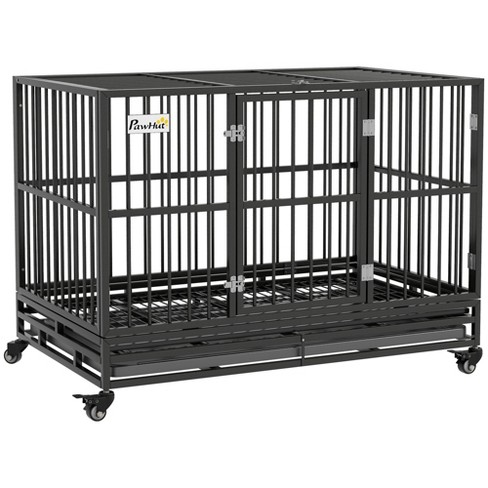 Pawhut 48 Heavy Duty Dog Crate Metal Cage Kennel With Lockable Wheels Double Door And Removable Tray Gray Target