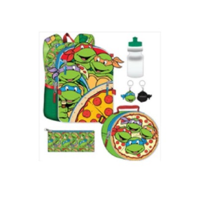 Teenage Mutant Ninja Turtle Kids School Backpack 16" 5PC Lunch Kit, Keychain, Metal Carabiner, and Water Bottle