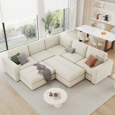 121"W Modular Sectional Sofa Couch, Sofa Bed with Two Movable Ottomans for Living Room -ModernLuxe