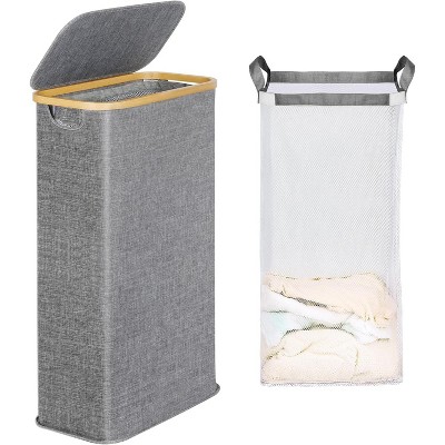 Laundry Basket with Lid, Narrow Laundry Hamper with Removable Bag, Skinny Dirty Clothes Basket with Bamboo Handles