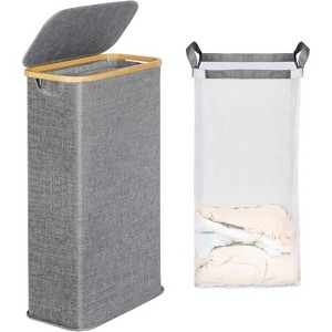 Laundry Basket with Lid, Narrow Laundry Hamper with Removable Bag, Skinny Dirty Clothes Basket with Bamboo Handles - 1 of 4