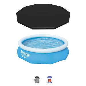 Bestway 10 Foot x 30 Inch Fast Set Inflatable Ring Round Above Ground Swimming Pool with Filter Pump, Cartridge, and Durable Cover with Ropes - 1 of 4