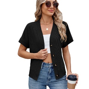 Women Button Casual Cardigan Sweater Loose Classic Short Sleeve Top T-Shirt Spring Summer - 1 of 4
