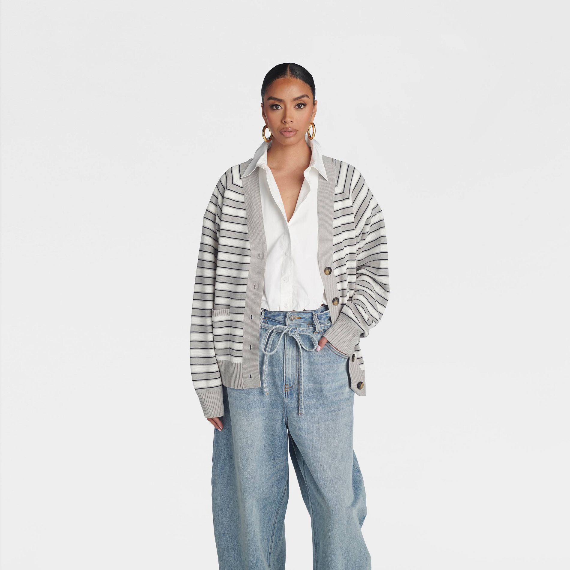 KBB by KAHLANA Women's 'The Grandpa Cardi Sweater' - Gray Striped