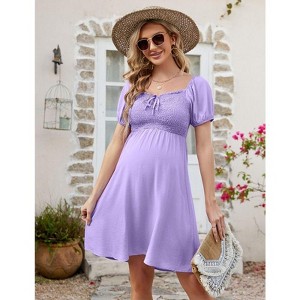 Coolmee Women Maternity Square Neck Smocked Chest Drawstring Puff Short Sleeve A-Line Dress - 1 of 4