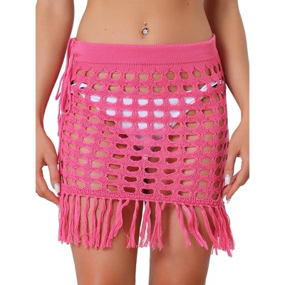 Allegra K Women Crochet Tassel Mesh Cover-Up Drawstring Beach Skirt