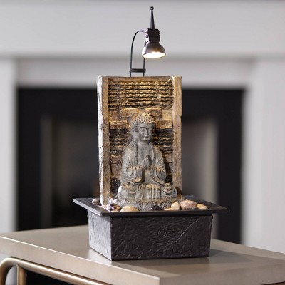 Zen Buddha Gray and Brown Fiberglass Tabletop Water Fountain with LED Light