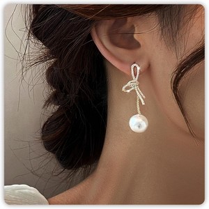 Pearl Earrings for Women, for Wedding, Bow Stud Jewelry as Christmas Gifts Statement Silver as Boho Prom Accessorie - 1 of 4