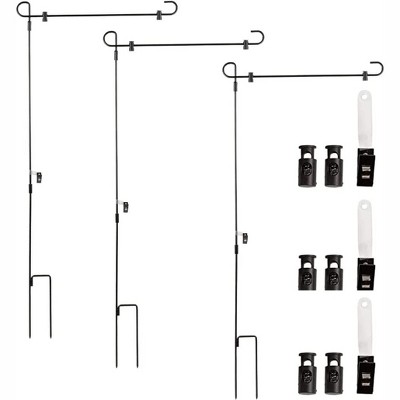 SCS Direct Garden Pole Stands (3 Pk) Durable Metal Holders- Weather Proof, Fits Flags 12" x 18" Yard Signs w Stoppers (28"x17" Assembled w 7" Stakes)