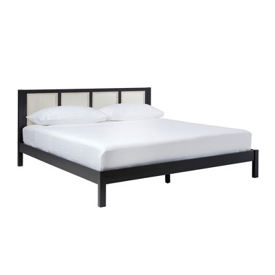 King Size Platform Bed with Rattan Panel Headboard