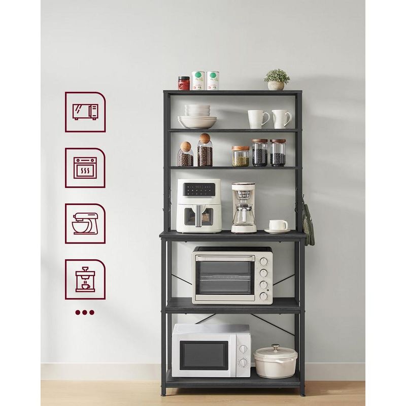VASAGLE Baker's Rack Microwave Oven Stand Kitchen Tall Utility Storage Shelf 6 Hooks and Metal Frame, 4 of 8