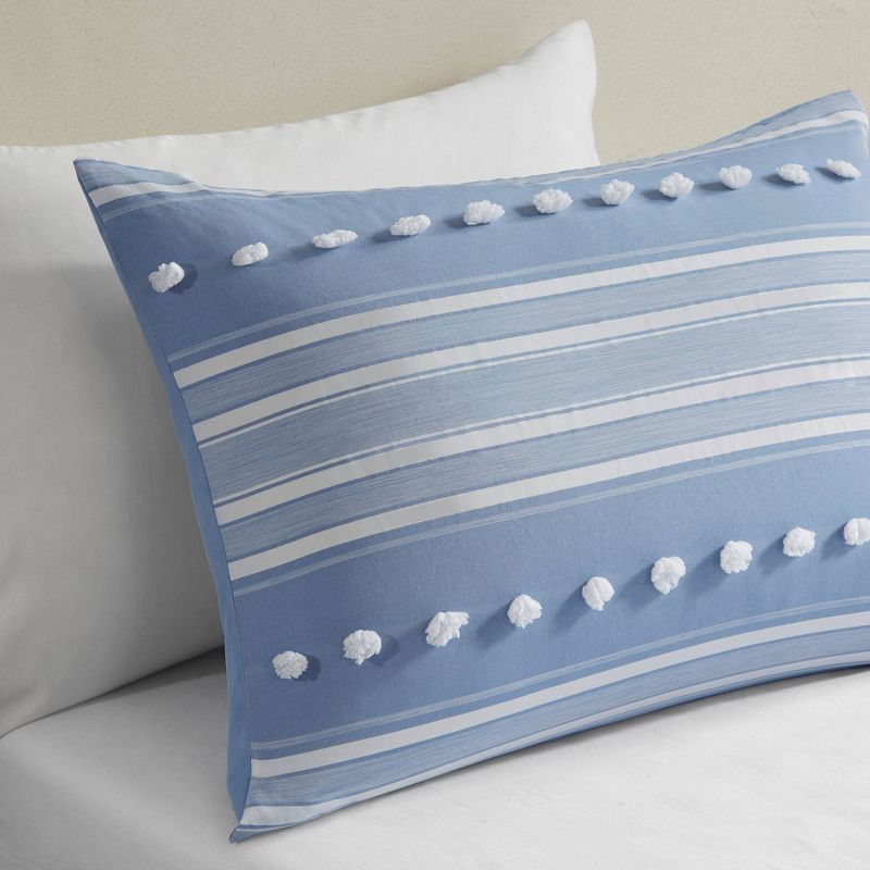 Full/QueenKylar Striped Clipped Jacquard Comforter Set Blue - Urban Habitat: Hypoallergenic, Pom Pom Detail, Machine Washable, 3 of 9