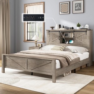 AMERLIFE Farmhouse Bed Frame, Storage Headboard, Charging Ports, No Box Spring - 1 of 4