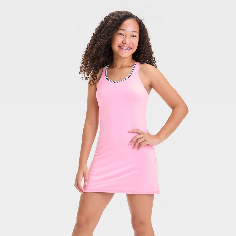 Girls' Contrast Trim Active Dress - All In Motion™ Pink L: Recycled Polyester, V Neck, Stash Pocket