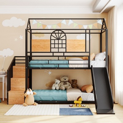 NicBex Twin Over Twin Metal Bunk Bed with Guardrail,House-Shaped Loft Bed with Slide and Storage Stair for Bedroom,Black+Brown/Black/White