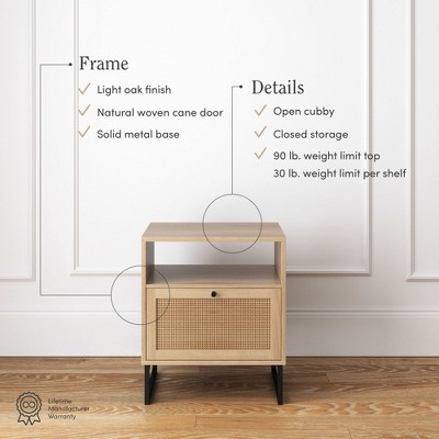 Mina Light Oak and Rattan Nightstands with Black Metal Legs, Set of 2
