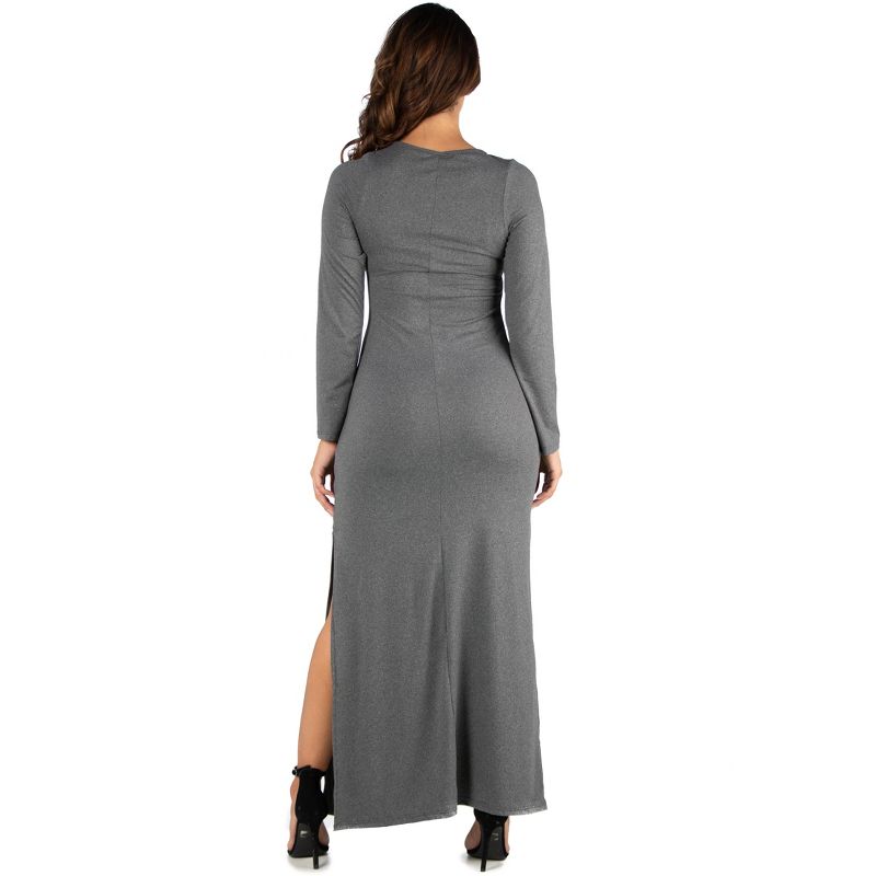 24seven Comfort Apparel Long Sleeve Side Slit Fitted Black Maxi Dress, 3 of 7