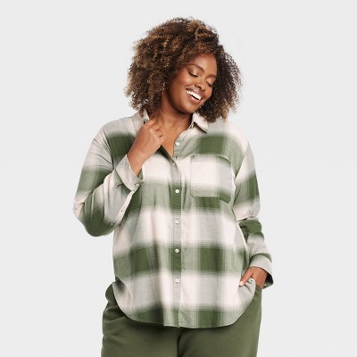 Women's Long Sleeve Flannel Button-Down Shirt - Ava & Viv™ Green Plaid 1X