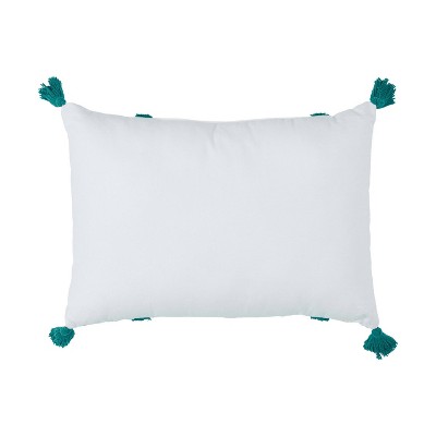 Teal and White Striped Cotton Lumbar Pillow with Tassels