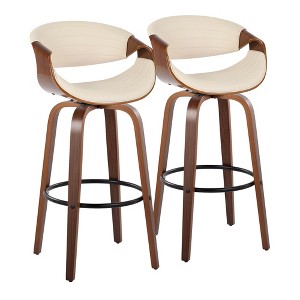 Set of 2 30" Faux Leather Mid-Century Modern Barstools with Swivel, Tufted Upholstery, and Wood Legs with Round Metal Footrest for Kitchen - 1 of 4